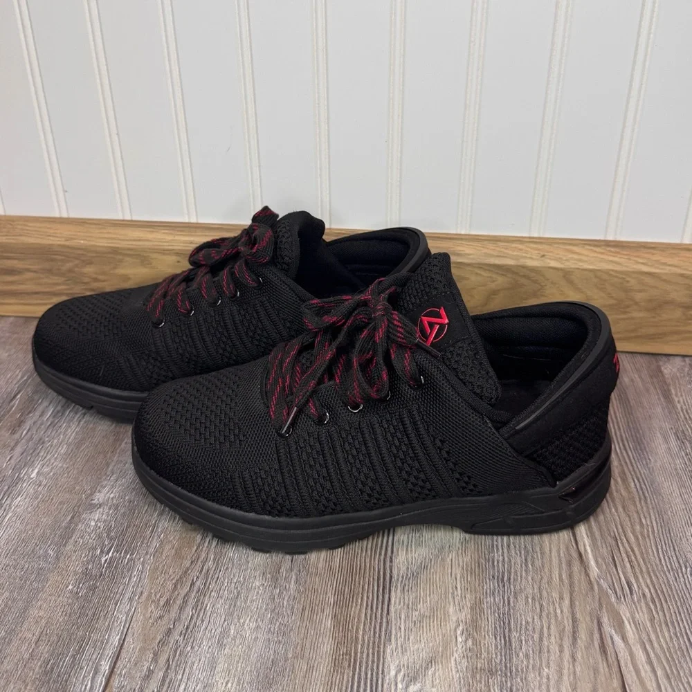 Zeba Womens Hands Free Slip On Lace Up Walking Shoe Mesh Balck Red Size 9